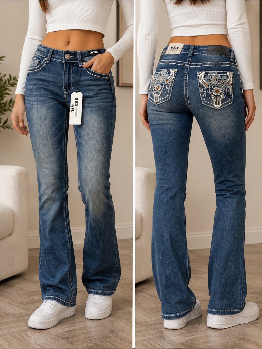 Sky Embroidered Pocket Flare Jeans - Blue Denim